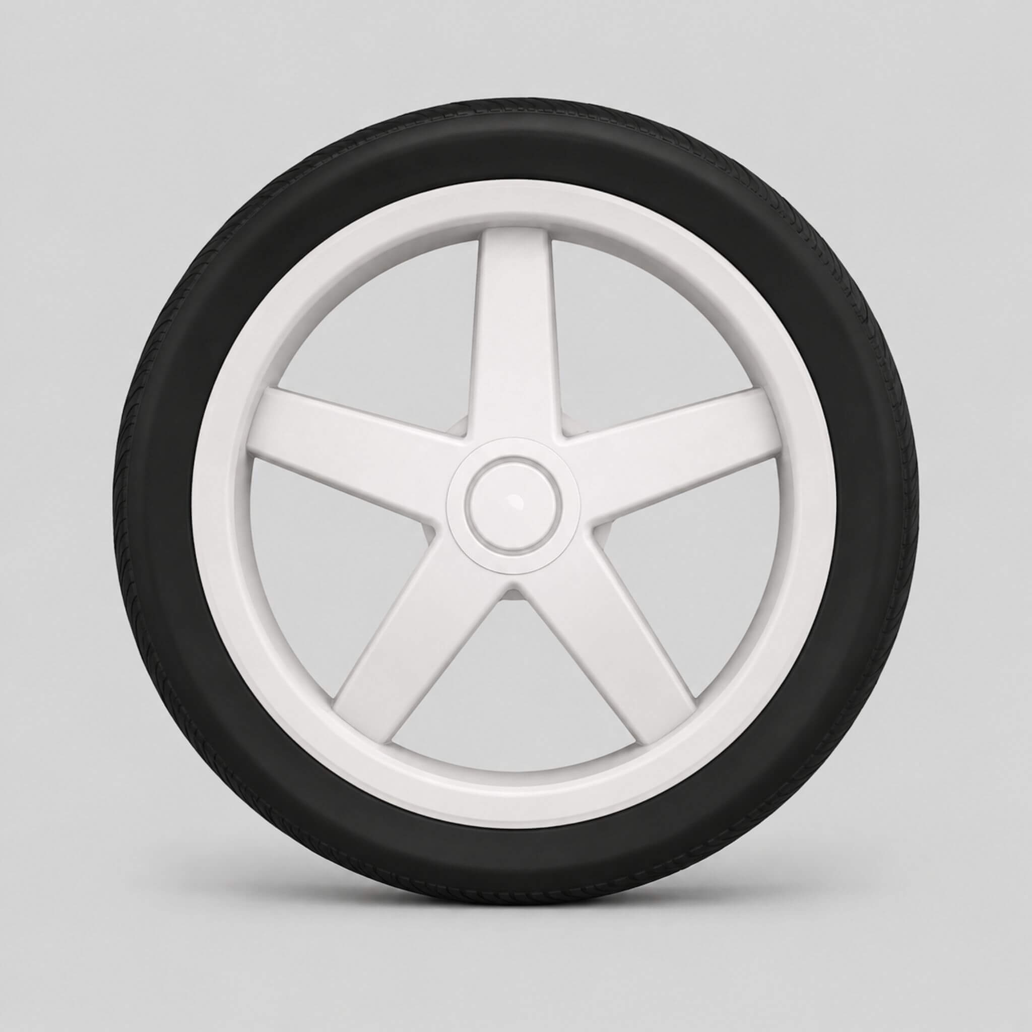 A minimalist five-spoke wheel with a matte white center and spokes, paired with a black tire, shown against a solid light gray background.