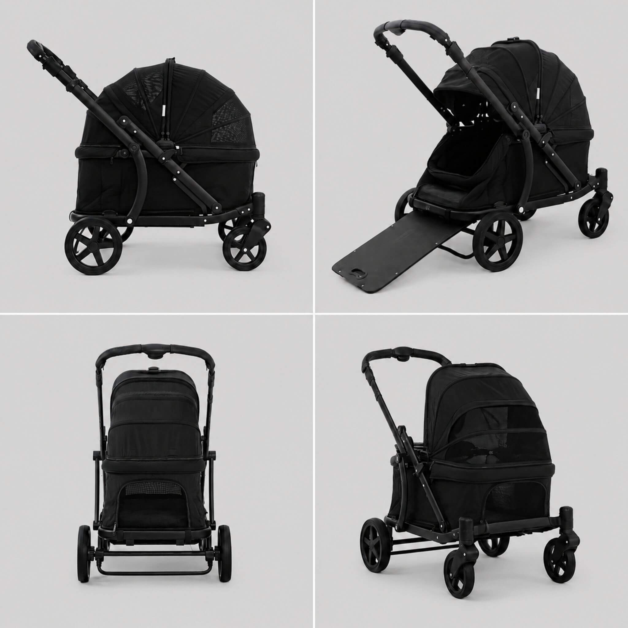 A black stroller shown in four studio views on a light gray background, including side, angled, front, and back views with the bassinet extended.